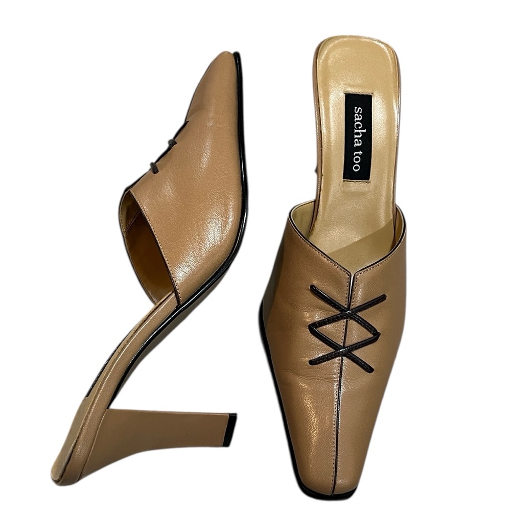 SACHA TOO VIPER LEATHER LACE DETAIL HEELED MULES SLIDES TAN SIZE 8B